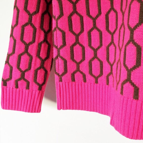 Trina Turk Merino Wool Pink Brown Geometric Honeycomb Crewneck Sweater Size M - Picture 8 of 14